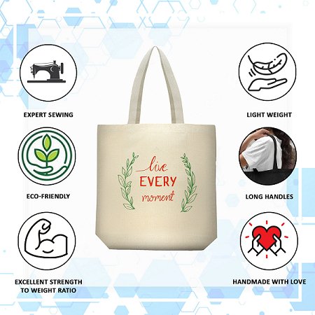 Premium Cotton Canvas Tote Bag - Live Every Moment White | Verified Sustainable Tote Bag on Brown Living™