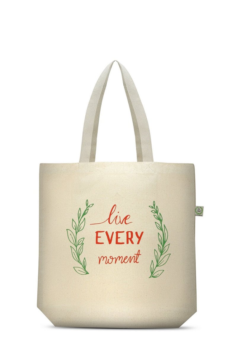 Premium Cotton Canvas Tote Bag - Live Every Moment White | Verified Sustainable Tote Bag on Brown Living™