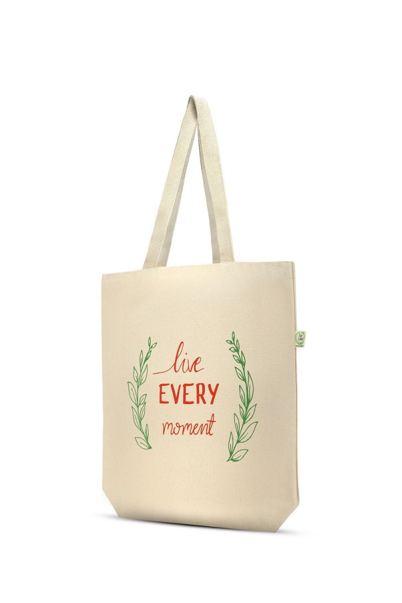 Premium Cotton Canvas Tote Bag - Live Every Moment White | Verified Sustainable Tote Bag on Brown Living™