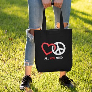 Premium Cotton Canvas Tote Bag - Peace & Love Black | Verified Sustainable Tote Bag on Brown Living™