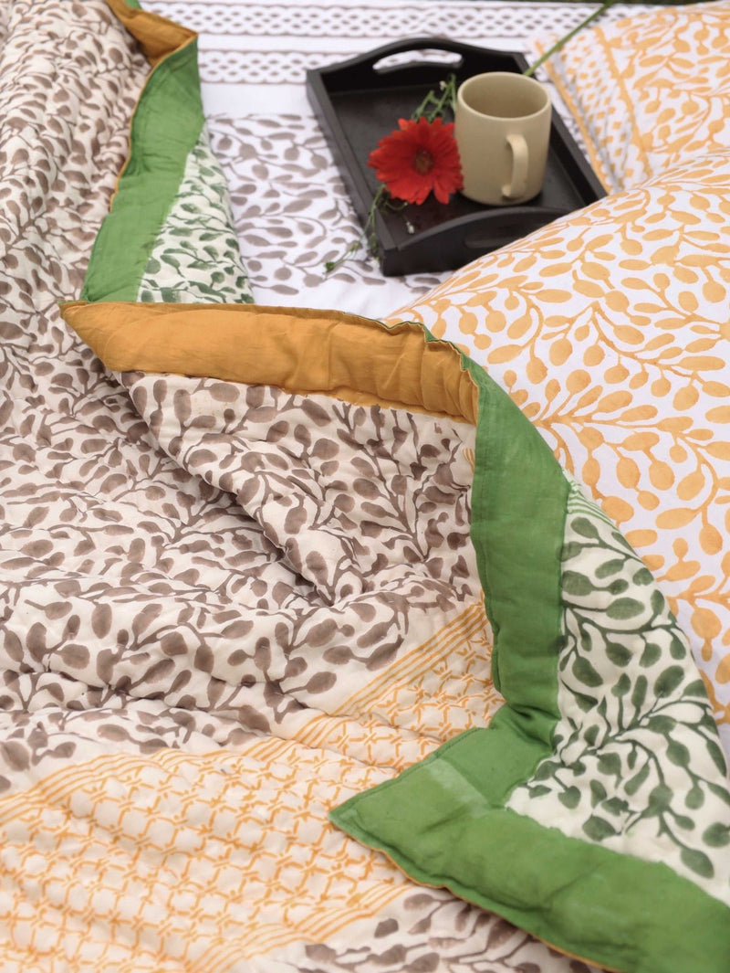 Reversible Hand-Printed Quilt- Luxe Comfort in Green & Yellow | Verified Sustainable Bed Linens on Brown Living™