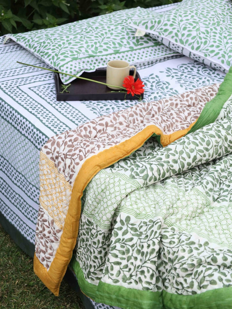 Reversible Hand-Printed Quilt- Luxe Comfort in Green & Yellow | Verified Sustainable Bed Linens on Brown Living™