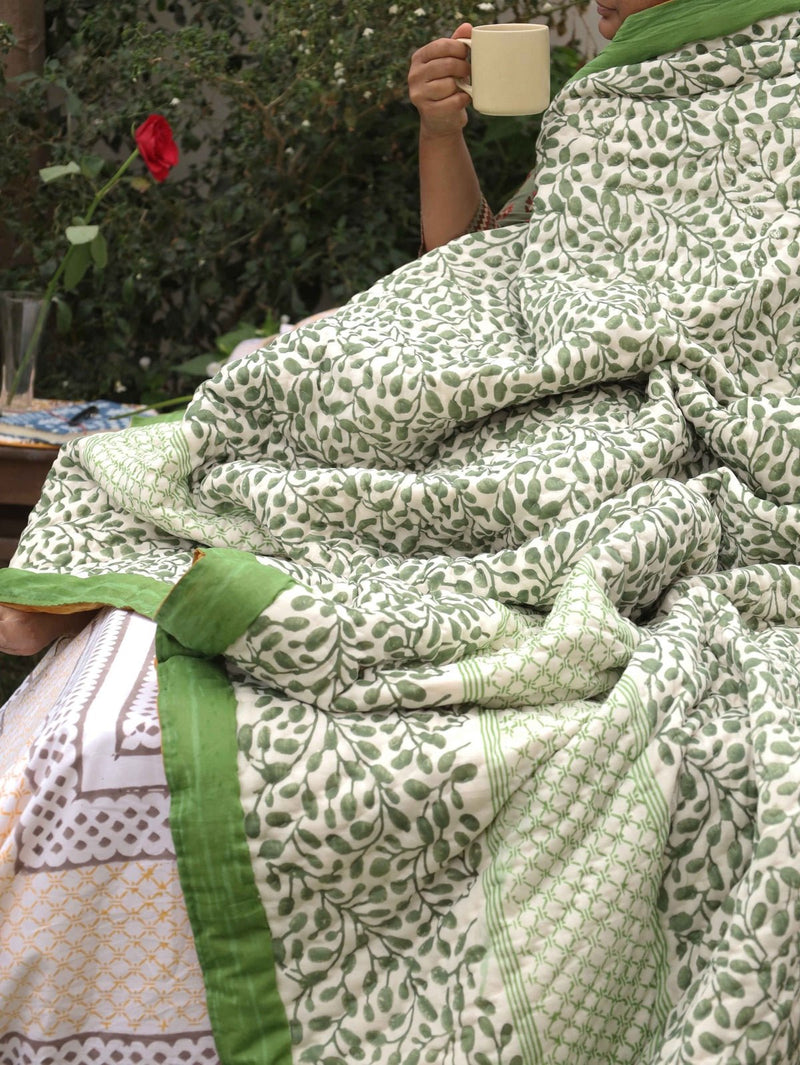 Reversible Hand-Printed Quilt- Luxe Comfort in Green & Yellow | Verified Sustainable Bed Linens on Brown Living™