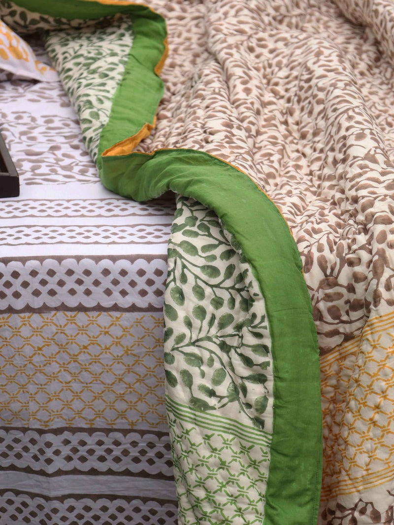 Reversible Hand-Printed Quilt- Luxe Comfort in Green & Yellow | Verified Sustainable Bed Linens on Brown Living™