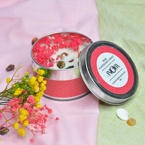 Rose Scented Soy Wax Candle in Tin with Flowers and Stones | Verified Sustainable Candles & Fragrances on Brown Living™