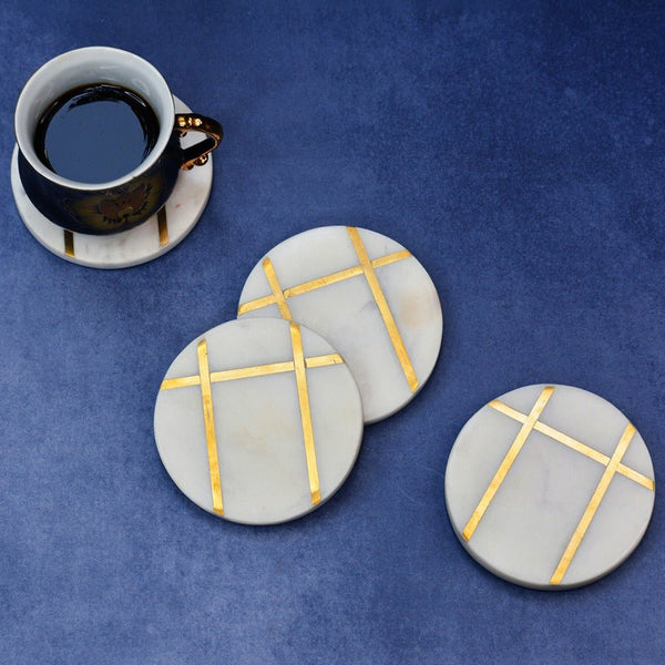 Round White Marble Inlay Coasters (Set of 4) | Verified Sustainable Coasters on Brown Living™