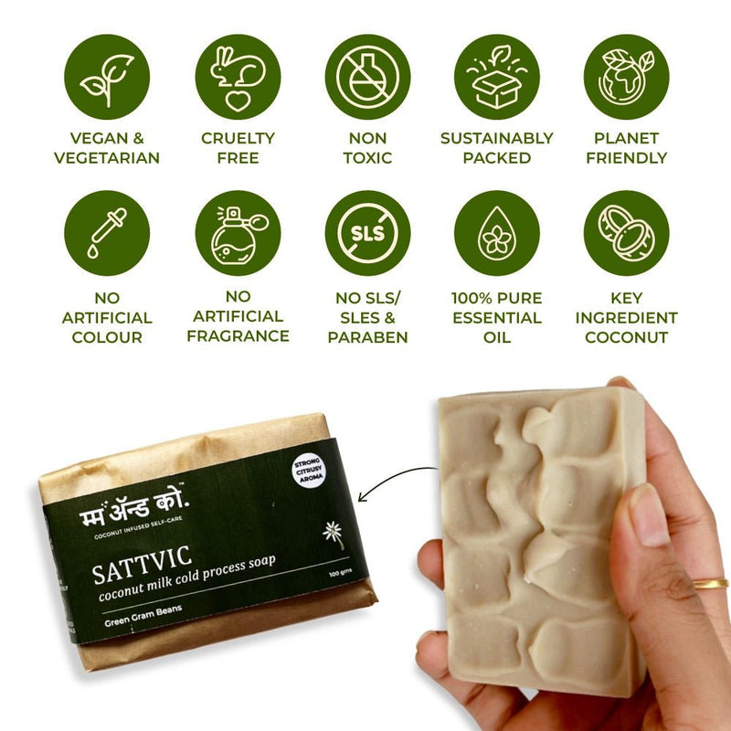 Sattvic Coconut Milk and Green Gram Beans Cold Process Exfoliating Soap (100 g) | Verified Sustainable Body Soap on Brown Living™