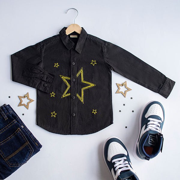 Stars Party Embroidered 100% Organic Cotton - Black | Verified Sustainable Kids Shirts on Brown Living™