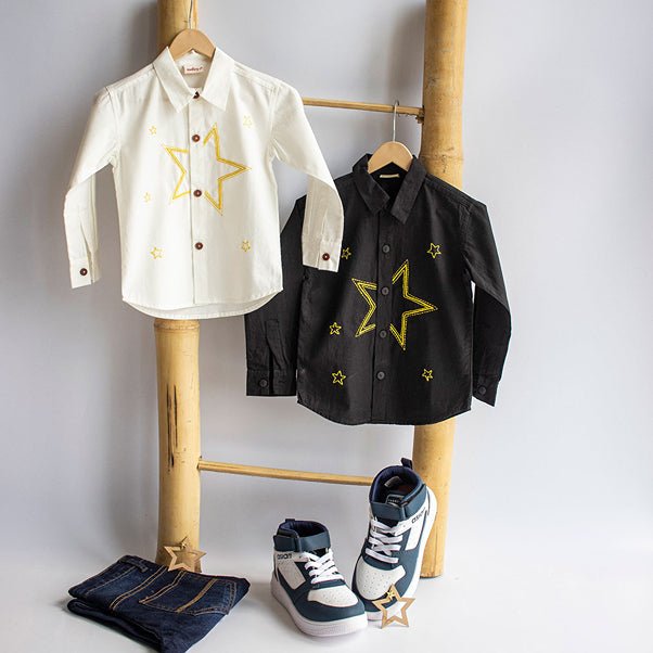 Stars Party Embroidered 100% Organic Cotton - Black | Verified Sustainable Kids Shirts on Brown Living™