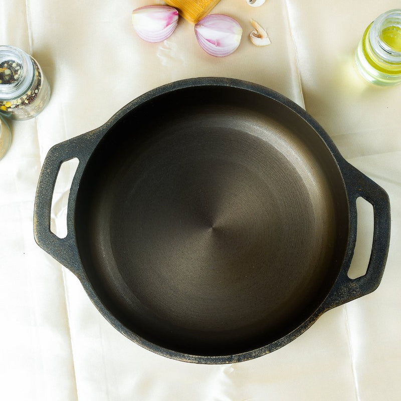 Super Smooth Handmade Cast Iron Flat Bottom Kadai | Verified Sustainable Cookware on Brown Living™