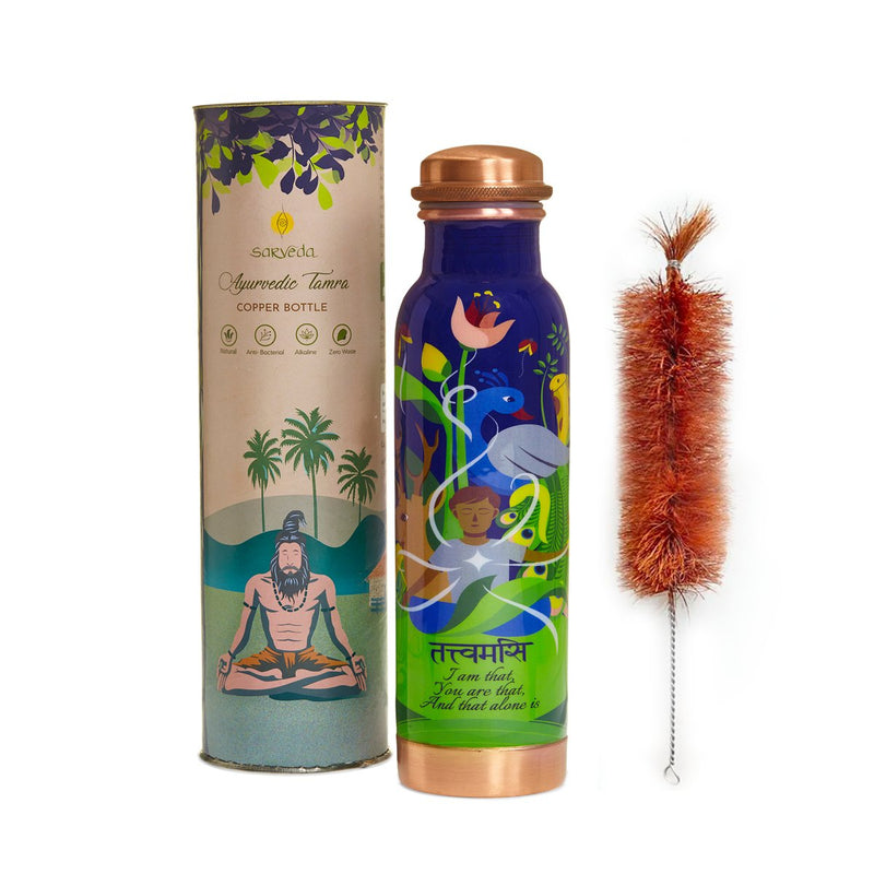 Tatvamassi Copper Bottle - Blue - 500 ml with Brush | Verified Sustainable Bottles & Sippers on Brown Living™