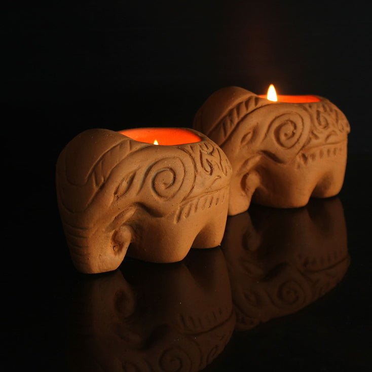 Terracotta Elephant Candle Holder | Set of 6 + Complimentary 6 Pcs Candles | Verified Sustainable Candles & Fragrances on Brown Living™