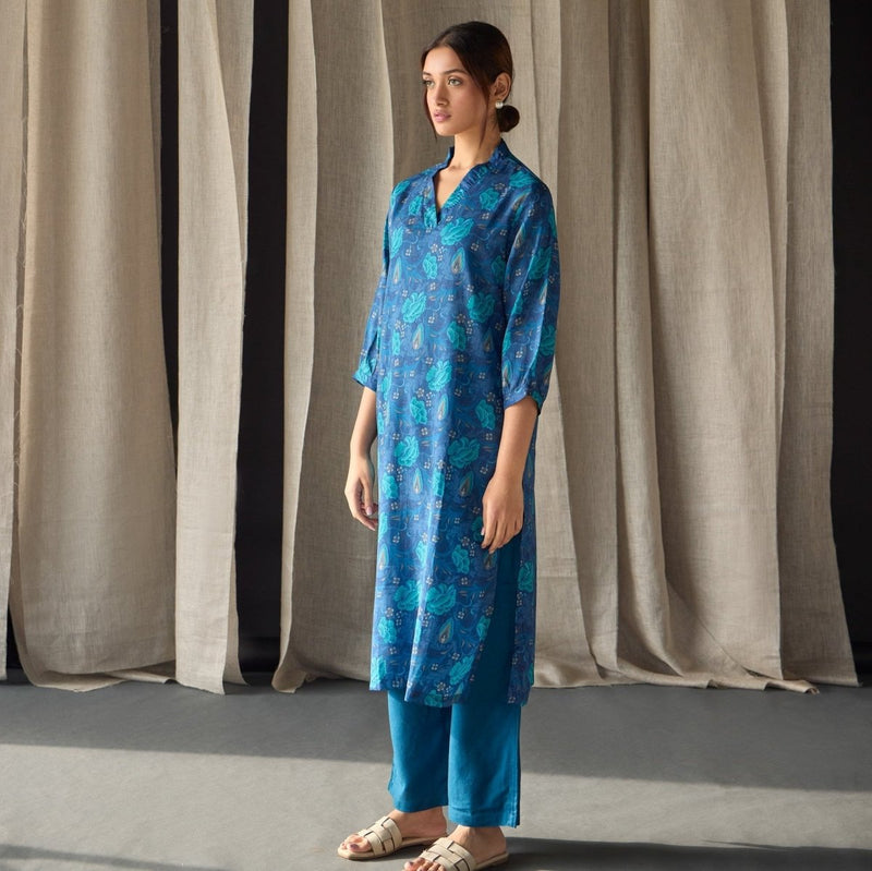 Under - Water Blue Floral Tencel Kurta | Verified Sustainable Womens Kurta on Brown Living™