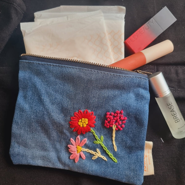 Upcycled Denim Pocket | Hand Embroidered | Verified Sustainable Travel Organiser on Brown Living™