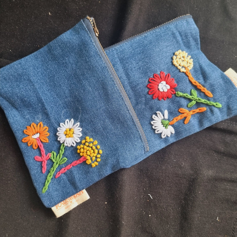 Upcycled Denim Tote Pouch with Hand Embroidery Combo | Verified Sustainable Travel Organiser on Brown Living™