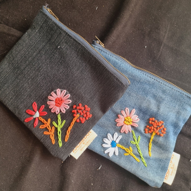 Upcycled Denim Tote Pouch with Hand Embroidery Combo | Verified Sustainable Travel Organiser on Brown Living™