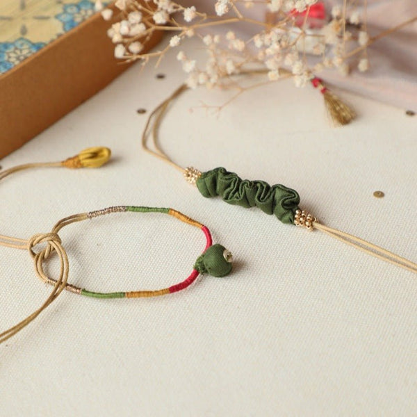 Upcycled Fabric Artisanal Green Rakhi & Lumba Set | Verified Sustainable Rakhi on Brown Living™