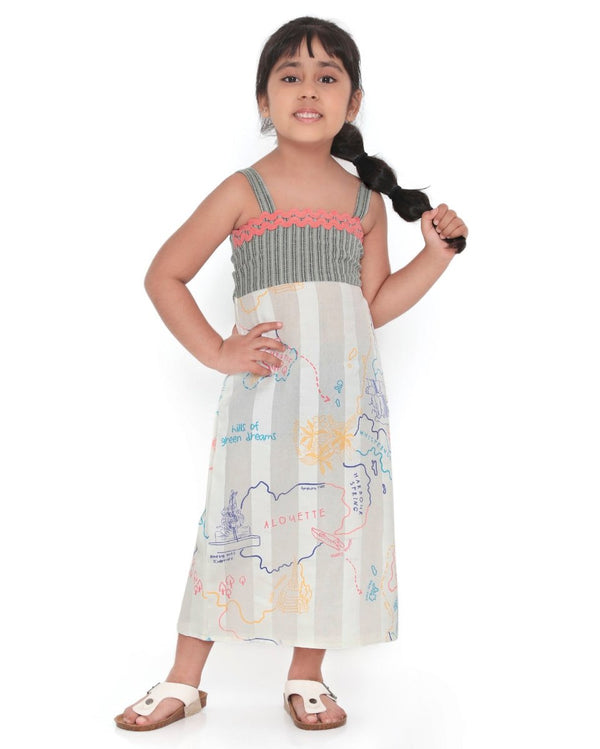 Voyager Trails Printed Sleeveless Cotton Midi Dress with Tie - Up | Verified Sustainable Kids Frocks & Dresses on Brown Living™