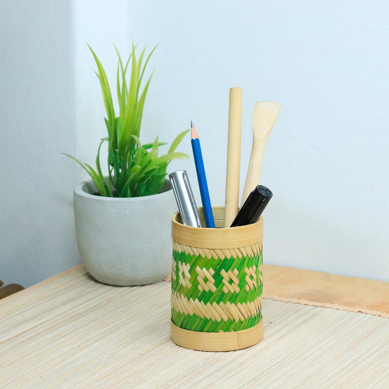 Bamboo Weave Pen Stand - Green