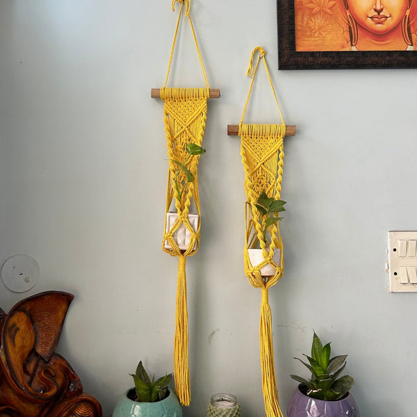 Yellow Macrame Plant Holder - Set of 2 | Verified Sustainable Pots & Planters on Brown Living™