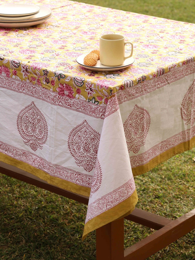 Yellow Ochre Organic Cotton Table Cover - Indian Floral Design | Verified Sustainable Table Linens on Brown Living™