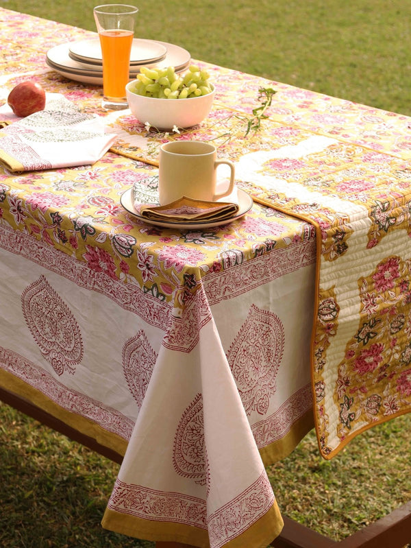 Yellow Ochre Organic Cotton Table Cover - Indian Floral Design | Verified Sustainable Table Linens on Brown Living™