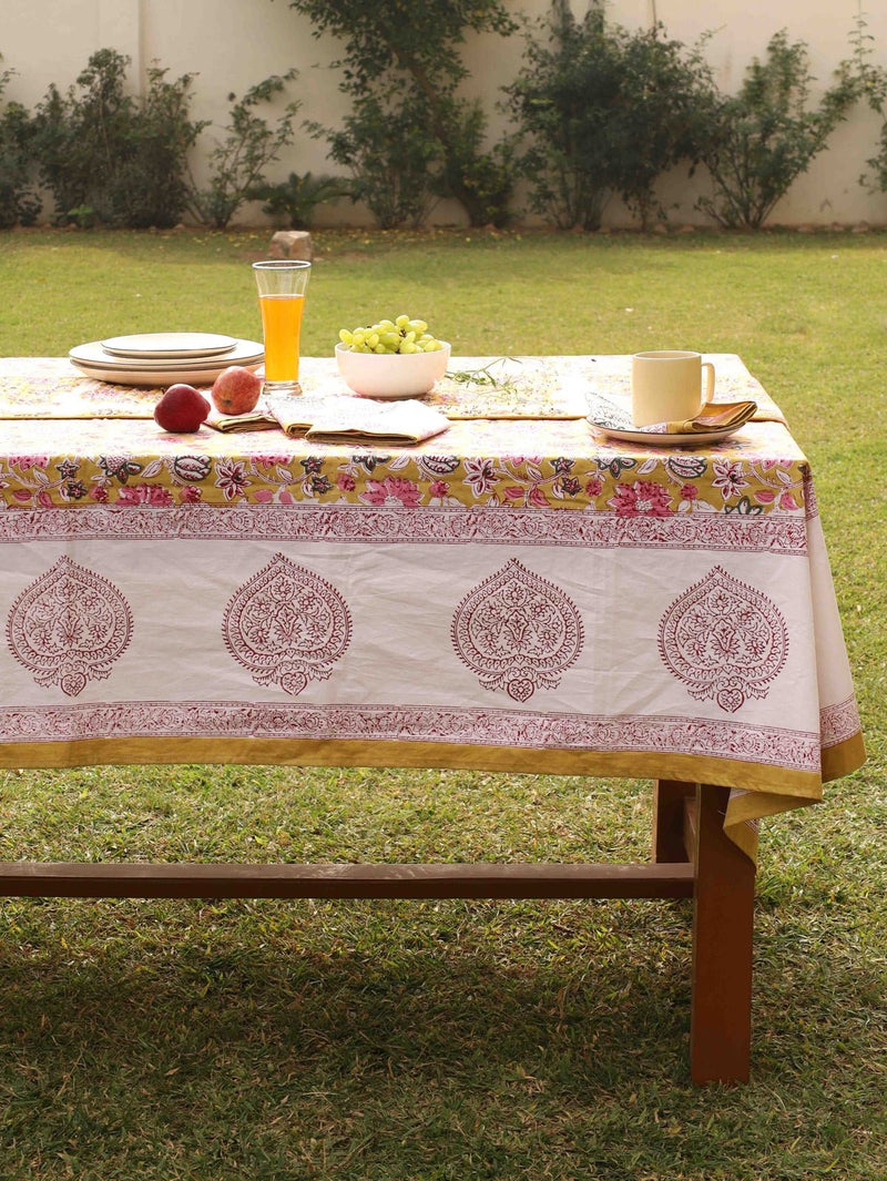 Yellow Ochre Organic Cotton Table Cover - Indian Floral Design | Verified Sustainable Table Linens on Brown Living™