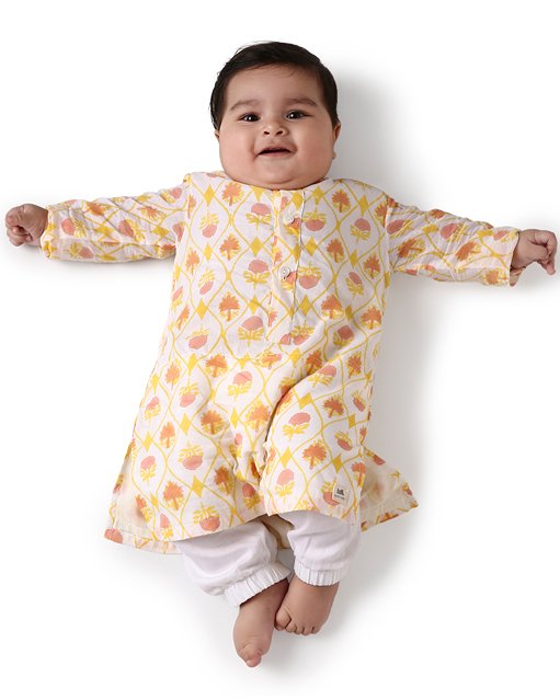 Zahra - Handblock Printed Infant Kurta with Attached Pyjama (Onesie) | Verified Sustainable Kids Ethnic Sets on Brown Living™