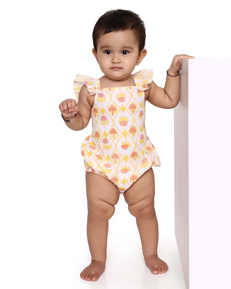 Zahra - Handblock Printed Infant Onesie with Detachable Lehenga Skirt and Matching Clips | Verified Sustainable Kids Ethnic Sets on Brown Living™