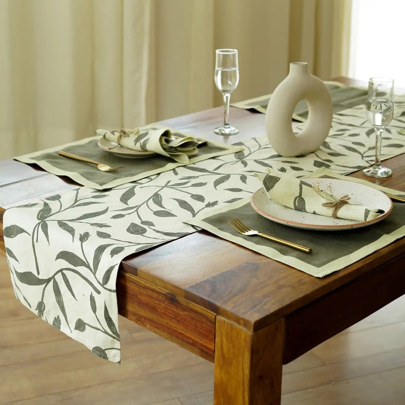 Buy 100% Hemp Screen Printed Table Runner | Light Green and Olive | Shop Verified Sustainable Table Linens on Brown Living™