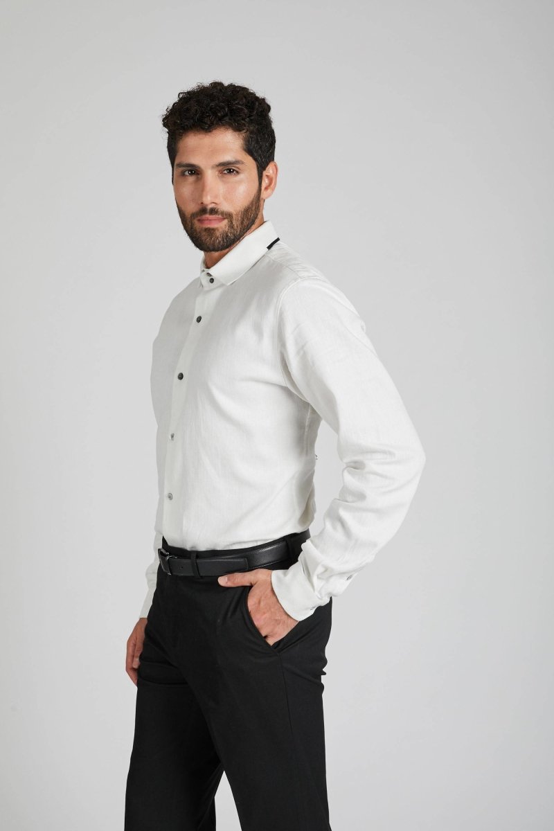 Buy Aglow High Collar Shirt Herringbone White | Shop Verified Sustainable Mens Shirt on Brown Living™