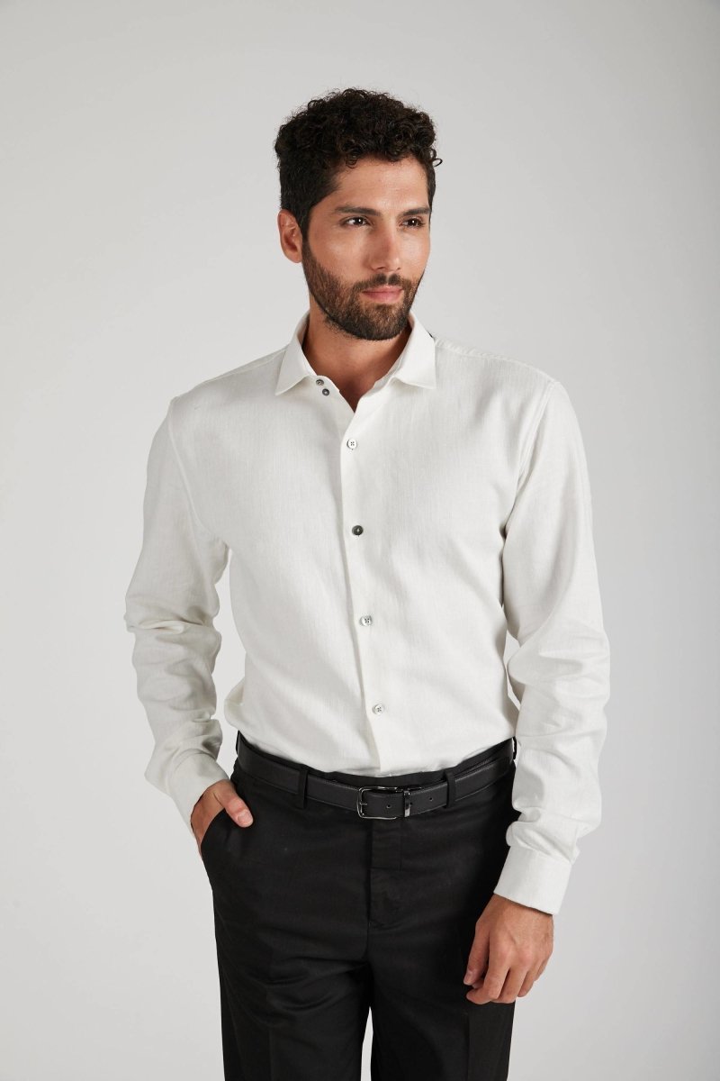 Buy Aglow High Collar Shirt Herringbone White | Shop Verified Sustainable Mens Shirt on Brown Living™