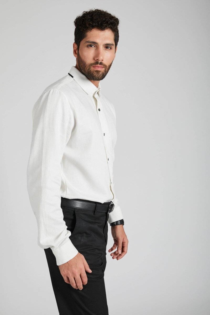 Buy Aglow High Collar Shirt Herringbone White | Shop Verified Sustainable Mens Shirt on Brown Living™