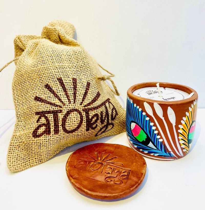 Buy Aranya Scented Soy Wax Candle | Folk art on Terracotta jar | Shop Verified Sustainable Candles & Fragrances on Brown Living™