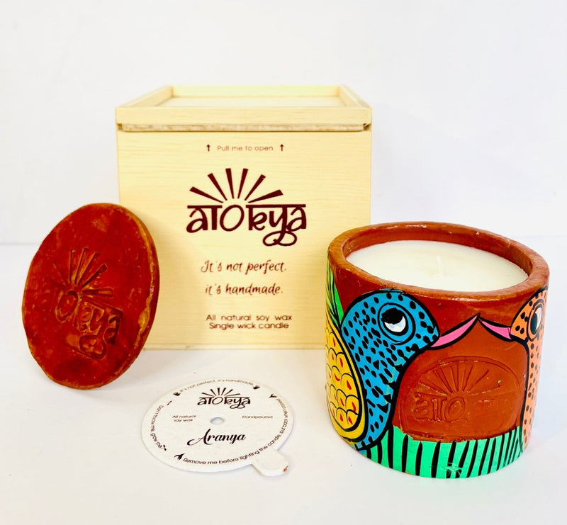 Buy Aranya Scented Soy Wax Candle | Folk art on Terracotta jar | Shop Verified Sustainable Candles & Fragrances on Brown Living™