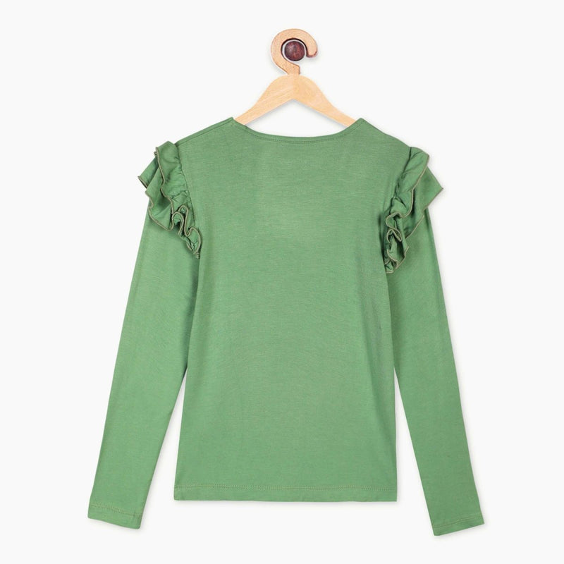 Buy Bamboo Fabric Girl's Ruffled Shoulder Top - Powder Green | Shop Verified Sustainable Kids Tops on Brown Living™