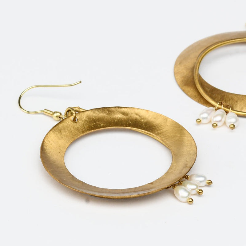 Buy Big Ring Shaped with Pearls Handcrafted Brass Textured Earrings | Shop Verified Sustainable Womens earrings on Brown Living™