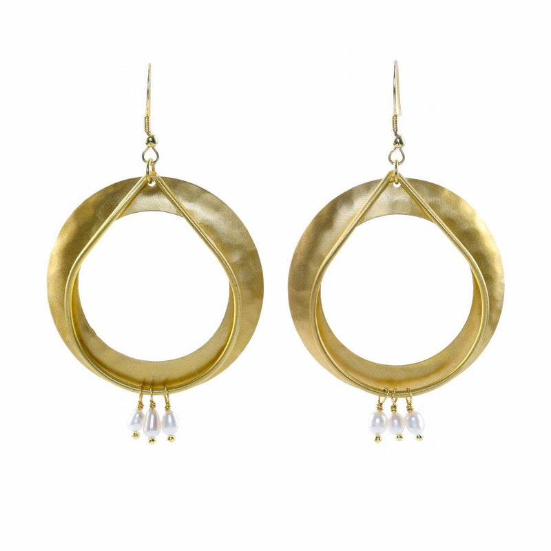 Buy Big Ring Shaped with Pearls Handcrafted Brass Textured Earrings | Shop Verified Sustainable Womens earrings on Brown Living™