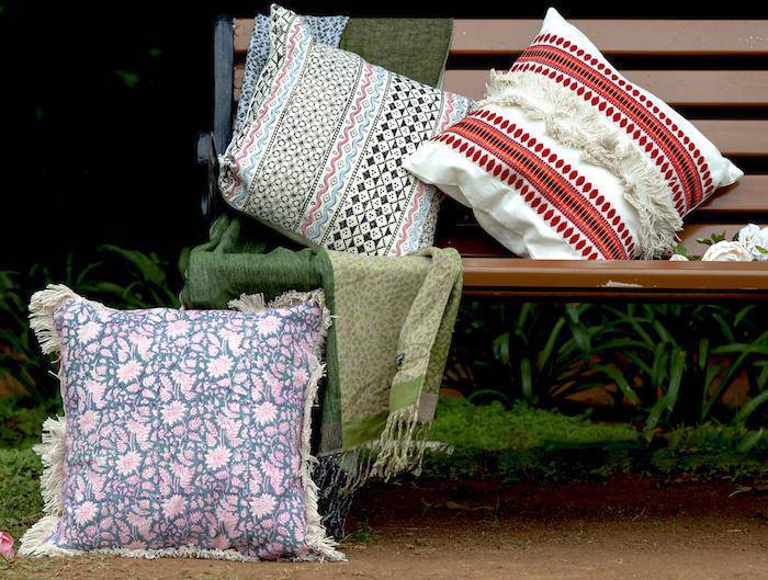 Buy Block Print with Dori Handwork Cushion Cover - 16x16 inches. Pack of 1 | Shop Verified Sustainable Covers & Inserts on Brown Living™