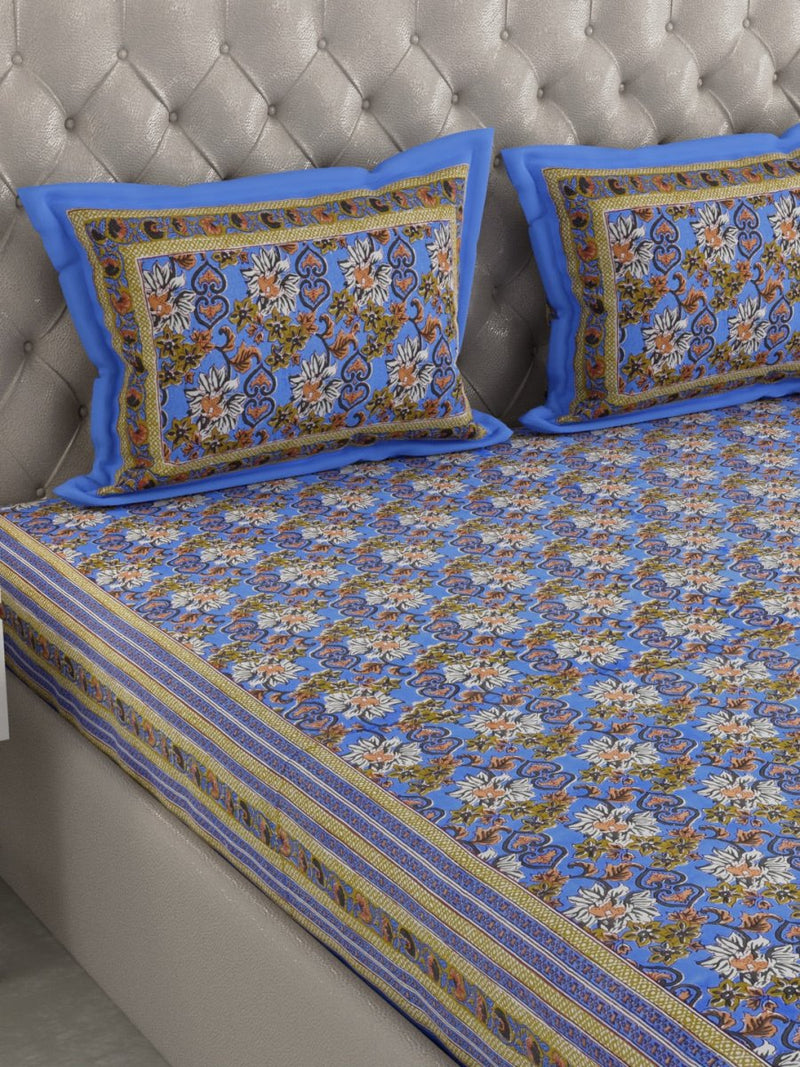 Buy Blue Floral Hand Printed Pure Cotton King Size Bedding Set | Shop Verified Sustainable Bedding on Brown Living™