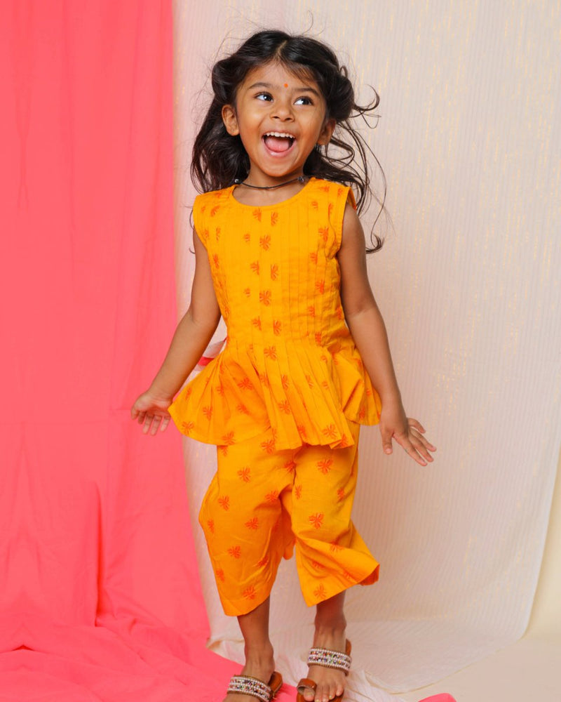 Buy Bouin Pleated Co-Ord Set with Culottes | Yellow | Shop Verified Sustainable Kids Ethnic Sets on Brown Living™