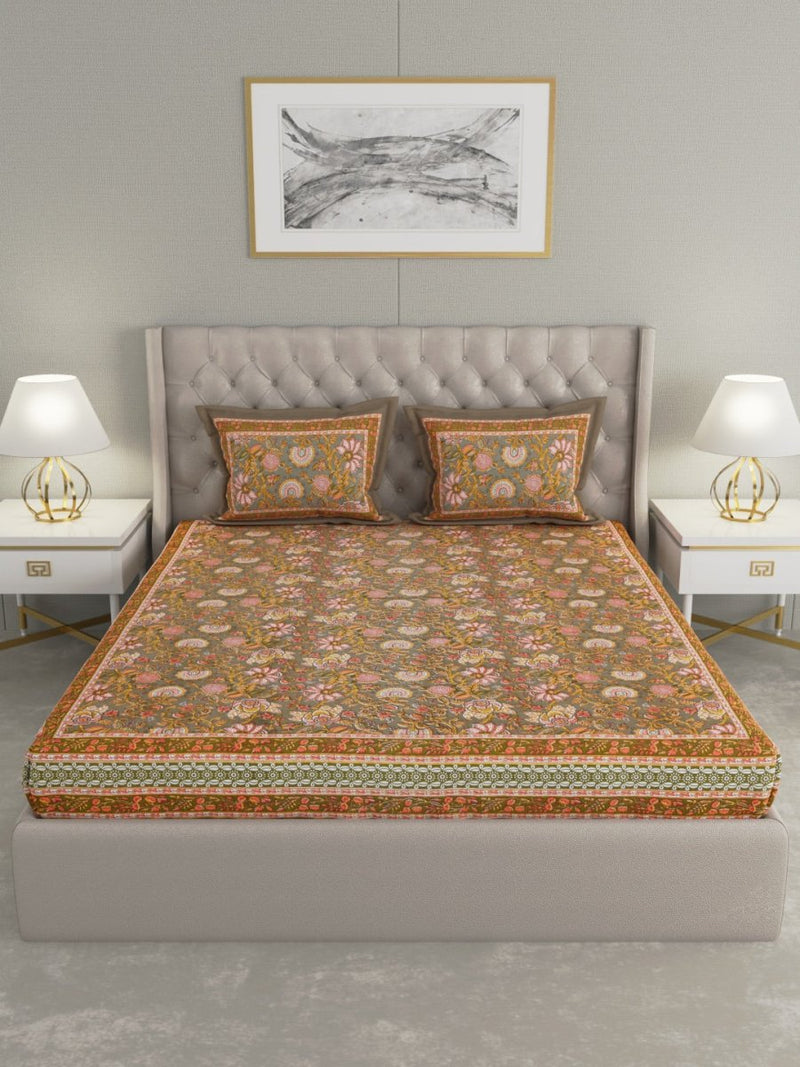 Buy Brown Floral Hand Printed Pure Cotton King Size Bedding Set | Shop Verified Sustainable Bedding on Brown Living™