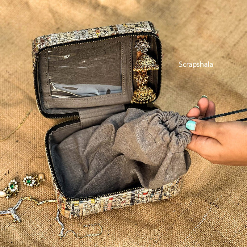 Buy Jewellery Organizer Box | Space Saver | Metal Zipper Closer | Upcycled Newspaper | Handloom Textile | Shop Verified Sustainable Organisers on Brown Living™