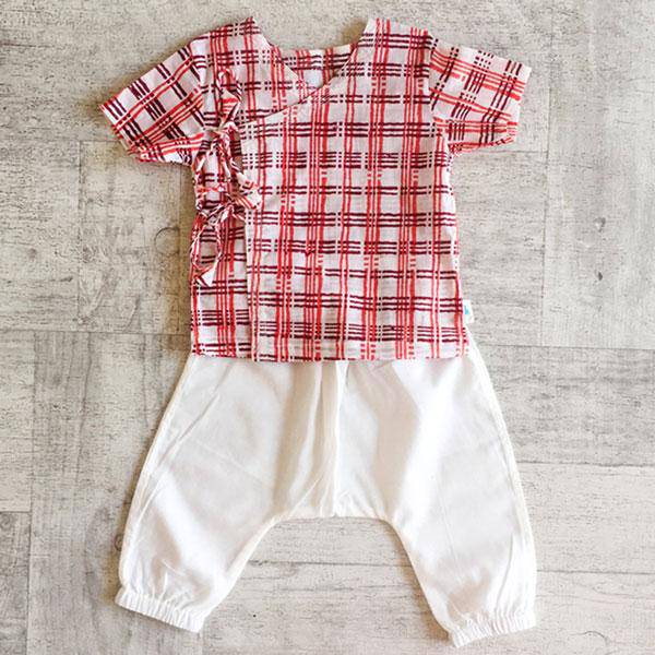 Buy Checks Print Angarakha Top with White Pants | Shop Verified Sustainable Kids Daywear Sets on Brown Living™