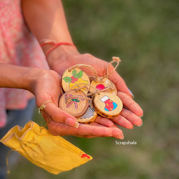 Buy Christmas Ornaments Pack | Multipurpose | Reusable | Handpainted | Natural Wood | Scrapshala | Shop Verified Sustainable Decor & Artefacts on Brown Living™