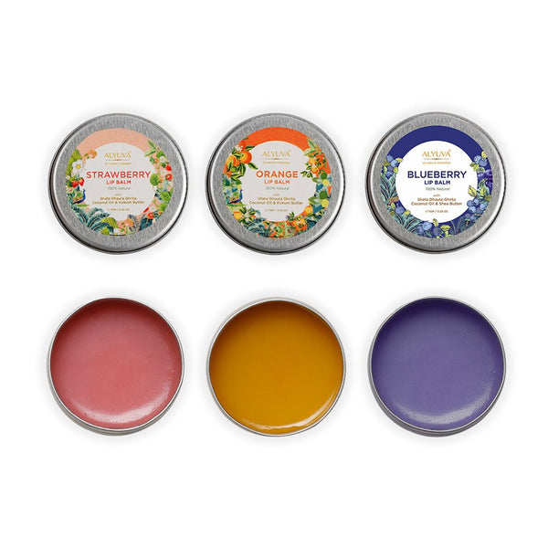 Buy Combo of Ghee Enriched 100% Natural Strawberry, Orange & Blueberry Lip Balms, 7gms Each | Shop Verified Sustainable Lip Balms on Brown Living™