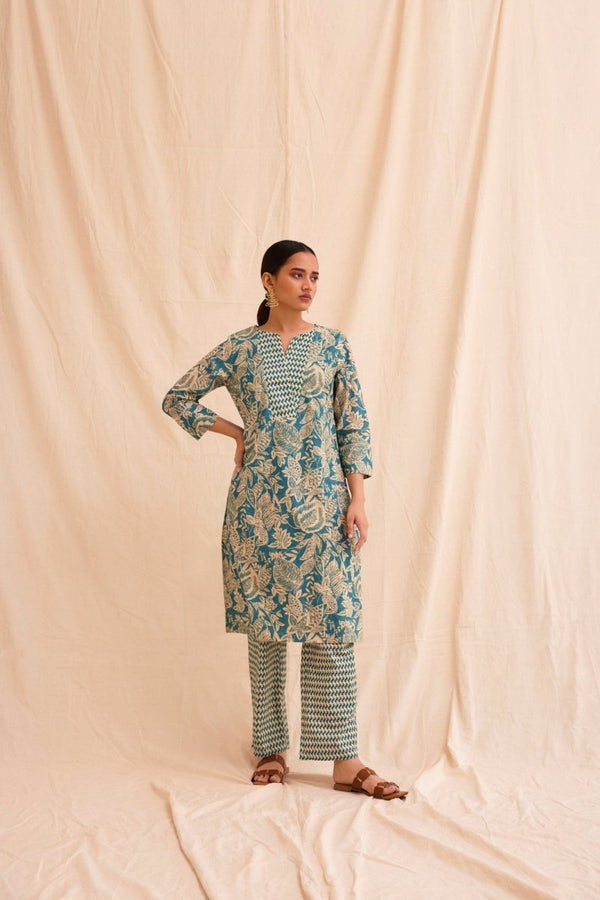 Buy Coral Blue Schiffli Cutwork Kurta with Farshi | Shop Verified Sustainable Products on Brown Living