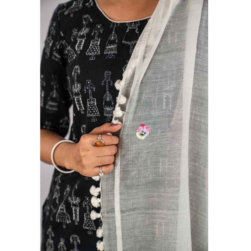 Buy Cotton Stole With Hand Painted Pansy Flowers | Shop Verified Sustainable Womens Dupatta on Brown Living™