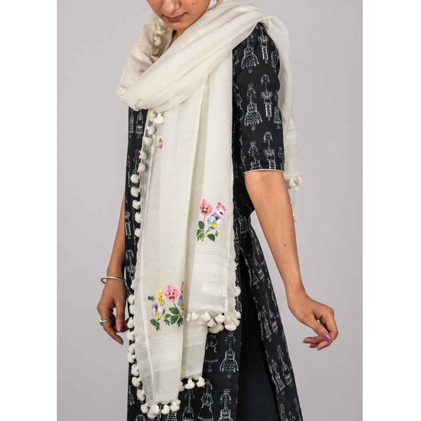 Buy Cotton Stole With Hand Painted Pansy Flowers | Shop Verified Sustainable Womens Dupatta on Brown Living™