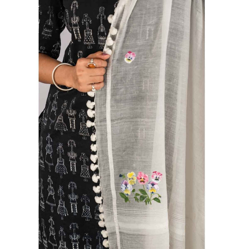 Buy Cotton Stole With Hand Painted Pansy Flowers | Shop Verified Sustainable Womens Dupatta on Brown Living™